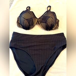 Black Textured Bikini with Underwire and Mesh Overlay